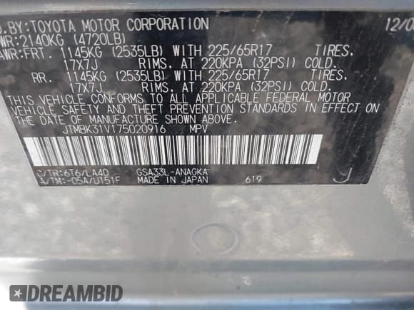 ✅ 2007 Toyota RAV4 Limited • VIN: JTMBK31V175020916 • Lot: 42028260. Listed on IAAI with 120,697 mi. Free auction sales archive from the USA and detailed vehicle history report at DreamBid. Image 9.