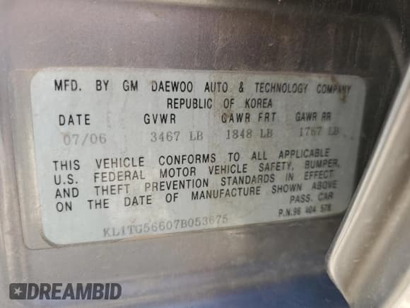 ✅ 2007 Chevrolet Aveo LT • VIN: KL1TG56607B053675 • Lot: 58504415. Wystawiony na Copart z przebiegiem 214 019 mil. Bezpłatny archiwum sprzedaży aukcyjnych z USA i szczegółowy raport historii pojazdu na DreamBid. Zdjęcie 12.