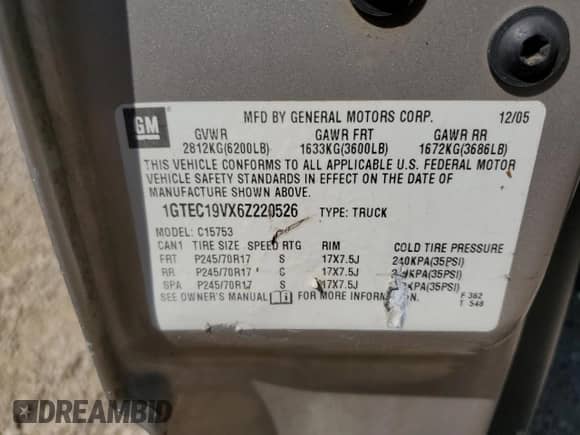 2006 GMC Sierra 1500 SLE1 with VIN 1GTEC19VX6Z220526, listed as a Copart auction lot 75299874 with 346,778 mi miles and Clean title. Bid and sale history available at DreamBid. Image 12.