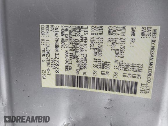 ✅ 2017 Nissan Murano Platinum • VIN: 5N1AZ2MG8HN127828 • Лот: 42676360. Опубликован ранее на IAAI с пробегом 105 638 миль. Бесплатный доступ к архиву аукционных продаж из США и подробный отчёт об истории автомобиля на DreamBid. Изображение 9.