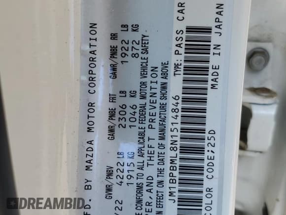 ✅ 2022 Mazda 3 Premium • VIN: JM1BPBML8N1514846 • Lot: 69079295. Wystawiony na Copart z przebiegiem 15 550 mil. Bezpłatny archiwum sprzedaży aukcyjnych z USA i szczegółowy raport historii pojazdu na DreamBid. Zdjęcie 12.