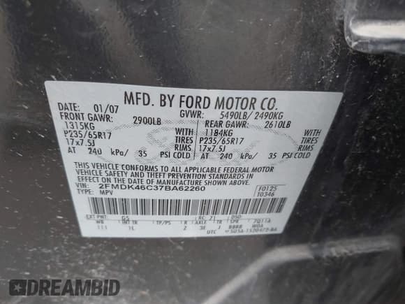 ✅ 2007 Ford Edge SE • VIN: 2FMDK46C37BA62260 • Лот: 43179650. Опубликован ранее на IAAI с пробегом 175 594 миль. Бесплатный доступ к архиву аукционных продаж из США и подробный отчёт об истории автомобиля на DreamBid. Изображение 9.