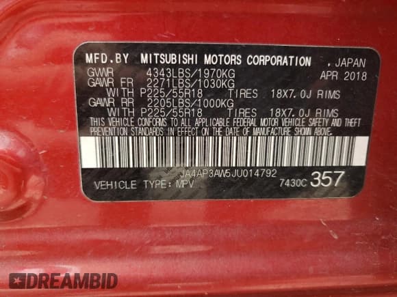 ✅ 2018 Mitsubishi Outlander SE • VIN: JA4AP3AW5JU014792 • Lot: 54345165. Listed on Copart with 125,489 mi. Free auction sales archive from the USA and detailed vehicle history report at DreamBid. Image 13.