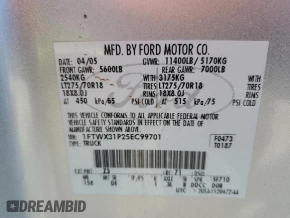 ✅ 2005 Ford F-350 XL • VIN: 1FTWX31P25EC99701 • Лот: 80155845. Опубликован ранее на Copart с пробегом 196 192 миль. Бесплатный доступ к архиву аукционных продаж из США и подробный отчёт об истории автомобиля на DreamBid. Изображение 12.