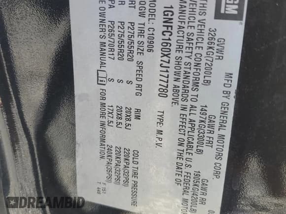 ✅ 2007 Chevrolet Suburban LTZ • VIN: 1GNFC160X7J177780 • Lot: 91195575. Listed on Copart with 260,336 mi. Free auction sales archive from the USA and detailed vehicle history report at DreamBid. Image 13.