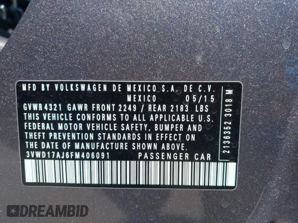 ✅ 2015 Volkswagen Jetta SE • VIN: 3VWD17AJ6FM406091 • Lot: 42539626. Listed on IAAI with 82,005 mi. Free auction sales archive from the USA and detailed vehicle history report at DreamBid. Image 9.