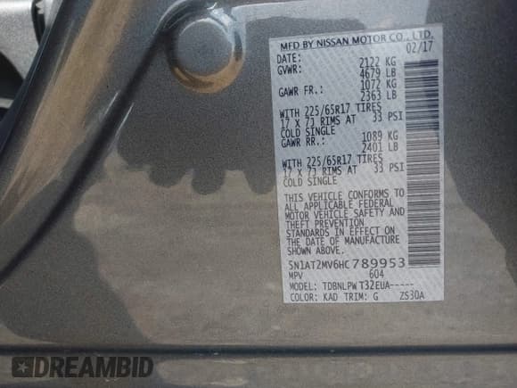 ✅ 2017 Nissan Rogue SL • VIN: 5N1AT2MV6HC789953 • Lot: 42255122. Listed on IAAI with 184,790 mi. Free auction sales archive from the USA and detailed vehicle history report at DreamBid. Image 9.