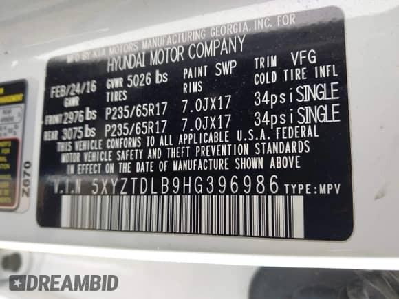 2017 Hyundai Santa Fe 2.4L с VIN 5XYZTDLB9HG396986, выставлен на аукционе IAAI как лот 43523683 с пробегом 83 426 миль миль и . История ставок и продаж доступна на DreamBid. Изображение 9.