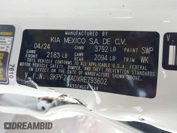 ✅ 2024 Kia Forte LXS • VIN: 3KPF24ADXRE793602 • Lot: 43424728. Wystawiony na IAAI z przebiegiem 55 369 mil. Bezpłatny archiwum sprzedaży aukcyjnych z USA i szczegółowy raport historii pojazdu na DreamBid. Zdjęcie 9.