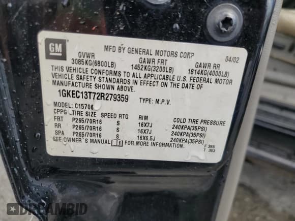 ✅ 2002 GMC Yukon SLT • VIN: 1GKEC13T72R279359 • Лот: 71013205. Опубликован ранее на Copart с пробегом 213 474 миль. Бесплатный доступ к архиву аукционных продаж из США и подробный отчёт об истории автомобиля на DreamBid. Изображение 13.