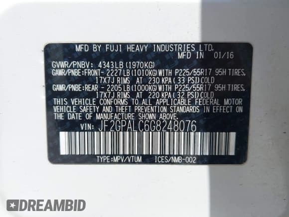 ✅ 2016 Subaru Crosstrek Limited • VIN: JF2GPALC6G8248076 • Lot: 42273075. Listed on IAAI with 128,878 mi. Free auction sales archive from the USA and detailed vehicle history report at DreamBid. Image 9.