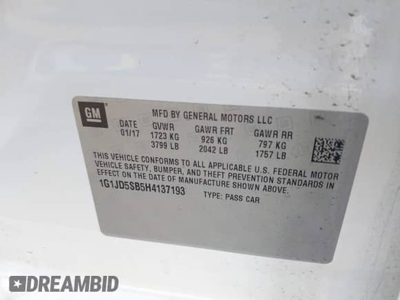 2017 Chevrolet Sonic LT with VIN 1G1JD5SB5H4137193, listed as a IAAI auction lot 42428562 with 52,556 mi miles and . Bid and sale history available at DreamBid. Image 9.