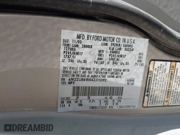 ✅ 2004 Mercury Mountaineer Convenience • VIN: 4M2ZU86W04ZJ15392 • Лот: 43120002. Опубликован ранее на IAAI с пробегом 143 852 миль. Бесплатный доступ к архиву аукционных продаж из США и подробный отчёт об истории автомобиля на DreamBid. Изображение 9.