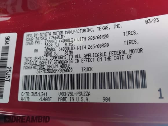 ✅ 2023 Toyota Tundra 1794 Edition • VIN: 5TFMC5DB6PX026069 • Лот: 42375084. Опубликован ранее на IAAI с пробегом 17 080 миль. Бесплатный доступ к архиву аукционных продаж из США и подробный отчёт об истории автомобиля на DreamBid. Изображение 9.