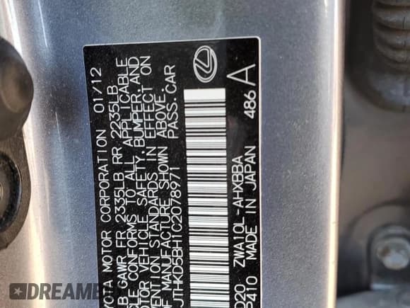 ✅ 2012 Lexus CT 200h • VIN: JTHKD5BH1C2078971 • Lot: 81266705. Listed on Copart with Not provided. Free auction sales archive from the USA and detailed vehicle history report at DreamBid. Image 12.