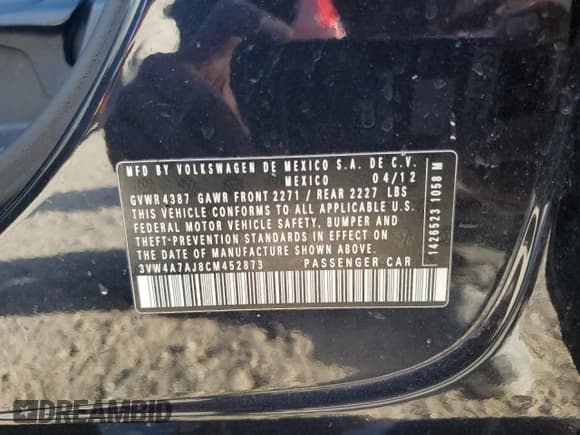 ✅ 2012 Volkswagen Jetta Autobahn • VIN: 3VW4A7AJ8CM452873 • Lot: 47184515. Listed on Copart with 158,585 mi. Free auction sales archive from the USA and detailed vehicle history report at DreamBid. Image 14.