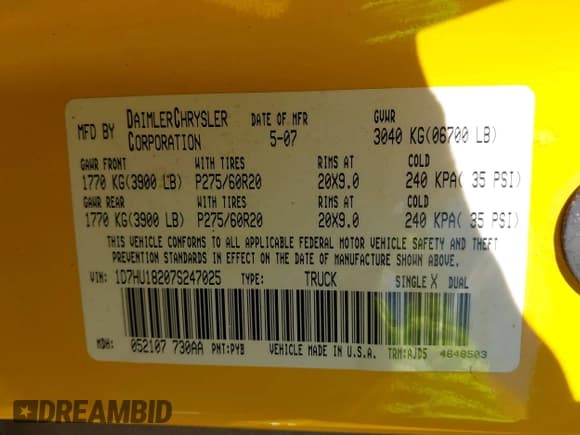 ✅ 2007 Dodge 1500 SLT • VIN: 1D7HU18207S247025 • Lot: 43571706. Listed on IAAI with 235,688 mi. Free auction sales archive from the USA and detailed vehicle history report at DreamBid. Image 9.