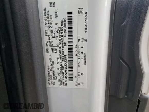 ✅ 2022 Ford Transit Passenger XLT • VIN: 1FBAX2X86NKA12158 • Lot: 68118785. Listed on Copart with 93,380 mi. Free auction sales archive from the USA and detailed vehicle history report at DreamBid. Image 14.