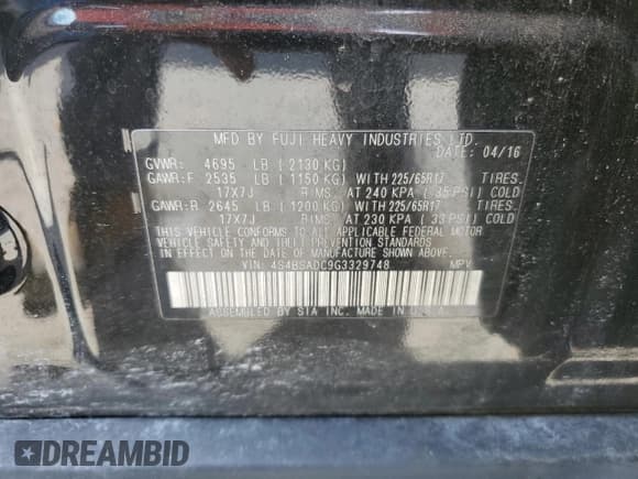 ✅ 2016 Subaru Outback Premium • VIN: 4S4BSADC9G3329748 • Lot: 54192085. Listed on Copart with 150,970 mi. Free auction sales archive from the USA and detailed vehicle history report at DreamBid. Image 13.