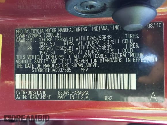 ✅ 2010 Toyota Highlander Limited • VIN: 5TDDK3EH3AS037585 • Lot: 43626495. Listed on IAAI with 230,000 mi. Free auction sales archive from the USA and detailed vehicle history report at DreamBid. Image 9.