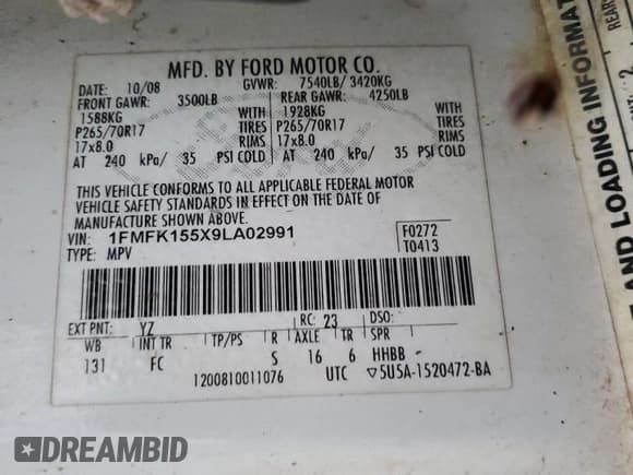 ✅ 2009 Ford Expedition Max XLT • VIN: 1FMFK155X9LA02991 • Lot: 82658555. Wystawiony na Copart z przebiegiem Nie podano. Bezpłatny archiwum sprzedaży aukcyjnych z USA i szczegółowy raport historii pojazdu na DreamBid. Zdjęcie 12.