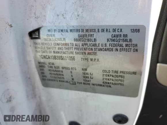 2009 Chevrolet HHR LS z VIN 3GNCA13B39S601056, wystawiony jako Copart lot #74245364 z przebiegiem 138 801 mil mil oraz Czysty tytuł • Clean title. Historia ofert i sprzedaży dostępna na DreamBid. Obrazek 12.