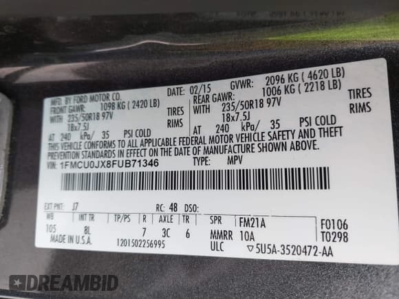 ✅ 2015 Ford Escape Titanium • VIN: 1FMCU0JX8FUB71346 • Lot: 43558511. Listed on IAAI with 127,729 mi. Free auction sales archive from the USA and detailed vehicle history report at DreamBid. Image 9.