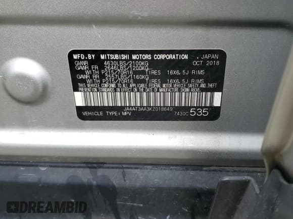 ✅ 2019 Mitsubishi Eclipse Cross ES • VIN: JA4AT3AA3KZ018649 • Лот: 84567085. Опубликован ранее на Copart с пробегом 117 637 миль. Бесплатный доступ к архиву аукционных продаж из США и подробный отчёт об истории автомобиля на DreamBid. Изображение 13.