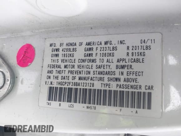 ✅ 2011 Honda Accord LX • VIN: 1HGCP2F38BA123128 • Lot: 43714459. Listed on IAAI with 134,399 mi. Free auction sales archive from the USA and detailed vehicle history report at DreamBid. Image 9.