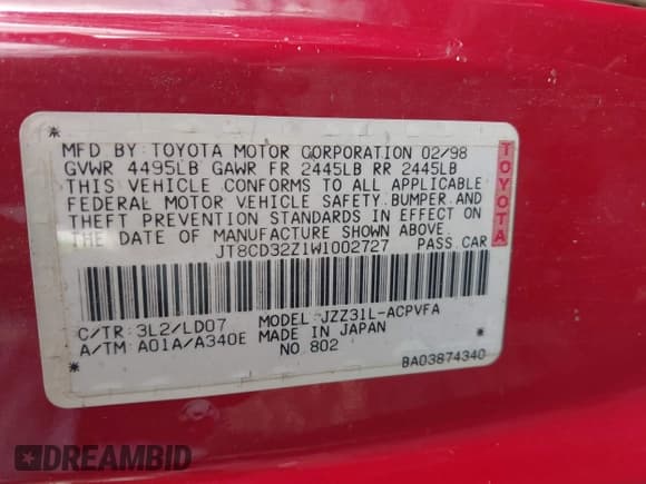 ✅ 1998 Lexus SC 300 • VIN: JT8CD32Z1W1002727 • Lot: 41988709. Listed on IAAI with Not provided. Free auction sales archive from the USA and detailed vehicle history report at DreamBid. Image 9.