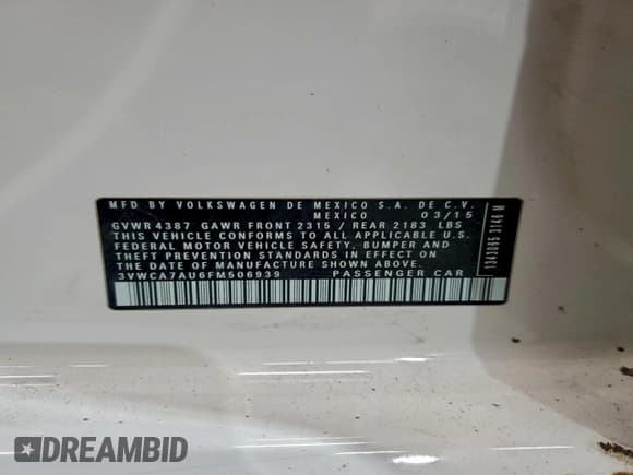 ✅ 2015 Volkswagen Golf SE • VIN: 3VWCA7AU6FM506939 • Lot: 96054235. Listed on Copart with 160,600 mi. Free auction sales archive from the USA and detailed vehicle history report at DreamBid. Image 13.