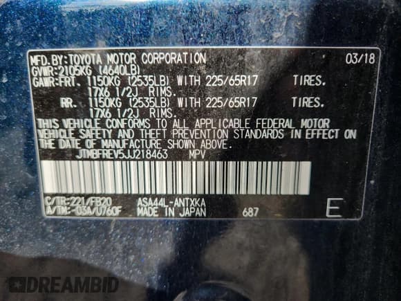 ✅ 2018 Toyota RAV4 LE • VIN: JTMBFREV5JJ218463 • Lot: 84617515. Listed on Copart with 62,186 mi. Free auction sales archive from the USA and detailed vehicle history report at DreamBid. Image 14.