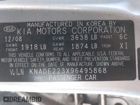 ✅ 2009 Kia Rio LX • VIN: KNADE223X96495868 • Lot: 42419238. Wystawiony na IAAI z przebiegiem 197 989 mil. Bezpłatny archiwum sprzedaży aukcyjnych z USA i szczegółowy raport historii pojazdu na DreamBid. Zdjęcie 9.