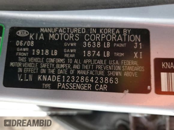 ✅ 2008 Kia Rio LX • VIN: KNADE123286423863 • Lot: 90853765. Wystawiony na Copart z przebiegiem 148 109 mil. Bezpłatny archiwum sprzedaży aukcyjnych z USA i szczegółowy raport historii pojazdu na DreamBid. Zdjęcie 12.