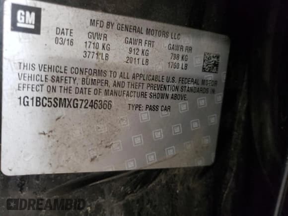 ✅ 2016 Chevrolet Cruze LS • VIN: 1G1BC5SMXG7246366 • Lot: 36322553. Listed on Copart with 92,427 mi. Free auction sales archive from the USA and detailed vehicle history report at DreamBid. Image 12.