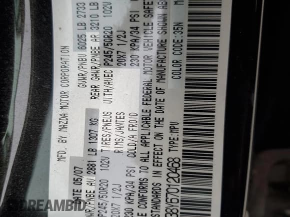 ✅ 2007 Mazda CX-9 Sport • VIN: JM3TB38Y670120468 • Lot: 58894325. Listed on Copart with 206,501 mi. Free auction sales archive from the USA and detailed vehicle history report at DreamBid. Image 13.