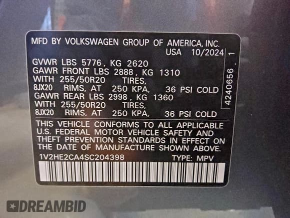 ✅ 2025 Volkswagen Atlas SE • VIN: 1V2HE2CA4SC204398 • Лот: 93465785. Опубликован ранее на Copart с пробегом 17 247 миль. Бесплатный доступ к архиву аукционных продаж из США и подробный отчёт об истории автомобиля на DreamBid. Изображение 13.