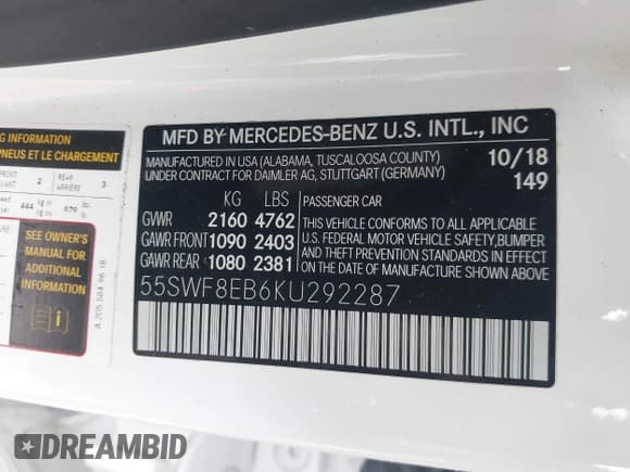 ✅ 2019 Mercedes-Benz C 300 • VIN: 55SWF8EB6KU292287 • Lot: 43535993. Listed on IAAI with 56,743 mi. Free auction sales archive from the USA and detailed vehicle history report at DreamBid. Image 9.