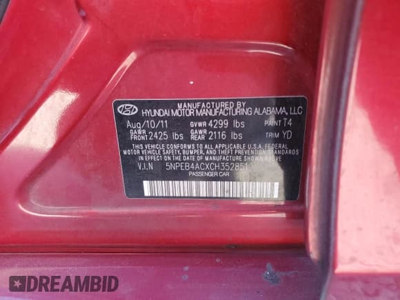 ✅ 2012 Hyundai Sonata GLS • VIN: 5NPEB4ACXCH352851 • Lot: 73134934. Listed on Copart with 197,787 mi. Free auction sales archive from the USA and detailed vehicle history report at DreamBid. Image 14.