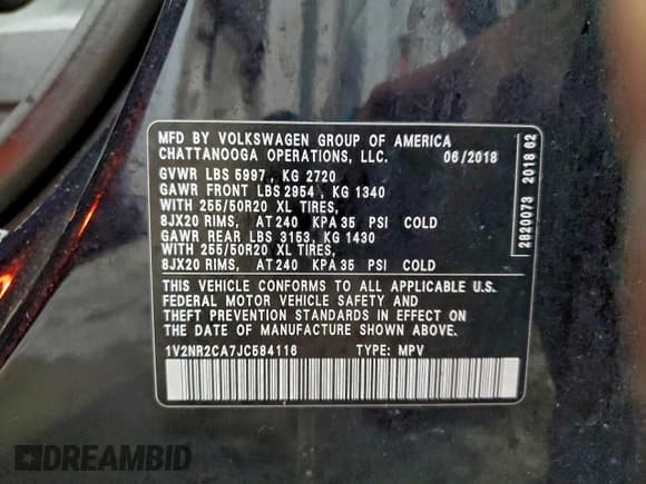 ✅ 2018 Volkswagen Atlas SEL Premium • VIN: 1V2NR2CA7JC584116 • Lot: 94648405. Listed on Copart with 145,306 mi. Free auction sales archive from the USA and detailed vehicle history report at DreamBid. Image 13.