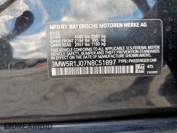 2022 BMW 3 Series 330i z VIN 3MW5R1J07N8C51897, wystawiony jako Copart lot #85745195 z przebiegiem 31 773 mil mil oraz Nie do naprawy • Non repairable. Historia ofert i sprzedaży dostępna na DreamBid. Obrazek 12.