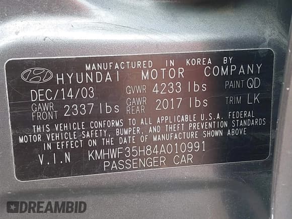 ✅ 2004 Hyundai Sonata GLS • VIN: KMHWF35H84A010991 • Lot: 42459128. Listed on IAAI with 223,133 mi. Free auction sales archive from the USA and detailed vehicle history report at DreamBid. Image 9.