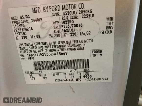 ✅ 2005 Ford Escape XLT • VIN: 1FMYU93155DA15668 • Lot: 57213355. Listed on Copart with 194,147 mi. Free auction sales archive from the USA and detailed vehicle history report at DreamBid. Image 13.