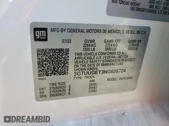 ✅ 2022 GMC Sierra 1500 • VIN: 3GTUUGET3NG636724 • Lot: 83799405. Wystawiony na Copart z przebiegiem Nie podano. Bezpłatny archiwum sprzedaży aukcyjnych z USA i szczegółowy raport historii pojazdu na DreamBid. Zdjęcie 12.