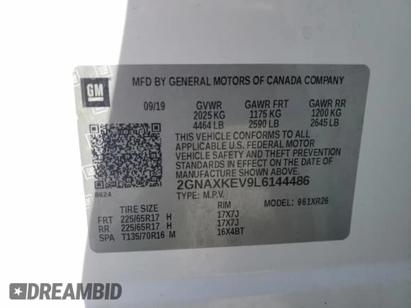 ✅ 2020 Chevrolet Equinox LT • VIN: 2GNAXKEV9L6144486 • Lot: 92208325. Listed on Copart with 119,838 mi. Free auction sales archive from the USA and detailed vehicle history report at DreamBid. Image 12.