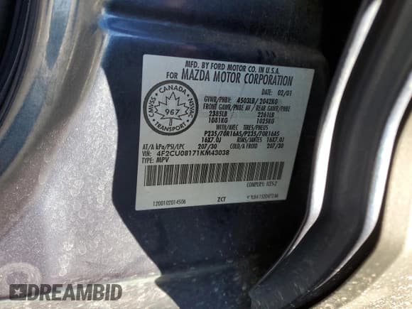 ✅ 2001 Mazda Tribute LX • VIN: 4F2CU08171KM43038 • Lot: 43267435. Listed on Copart with 109,668 mi. Free auction sales archive from the USA and detailed vehicle history report at DreamBid. Image 12.