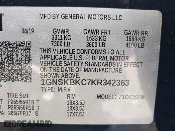 ✅ 2019 Chevrolet Tahoe LT • VIN: 1GNSKBKC7KR342363 • Lot: 42978895. Listed on IAAI with 135,542 mi. Free auction sales archive from the USA and detailed vehicle history report at DreamBid. Image 9.