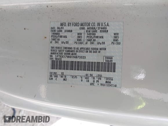 ✅ 2001 Ford F-150 XL • VIN: 1FTRX17W01NB73525 • Lot: 42116026. Listed on IAAI with 278,469 mi. Free auction sales archive from the USA and detailed vehicle history report at DreamBid. Image 9.