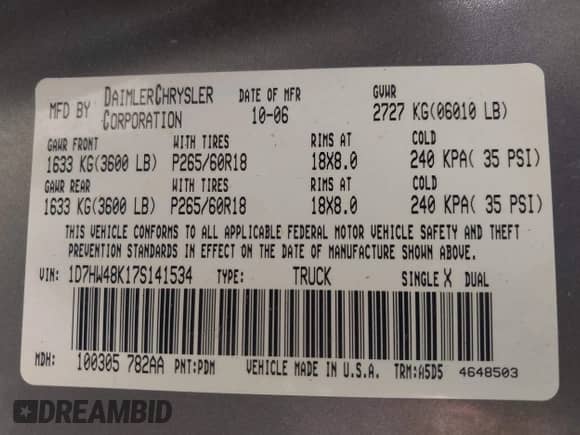 2007 Dodge Dakota SLT with VIN 1D7HW48K17S141534, listed as a IAAI auction lot 43202323 with 187,741 mi miles and . Bid and sale history available at DreamBid. Image 9.