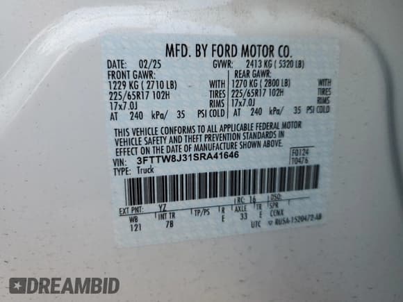 ✅ 2025 Ford Maverick XLT • VIN: 3FTTW8J31SRA41646 • Лот: 60479955. Опубликован ранее на Copart с пробегом Не указан. Бесплатный доступ к архиву аукционных продаж из США и подробный отчёт об истории автомобиля на DreamBid. Изображение 12.